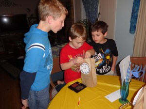 Opening the first goodie bag of the night.